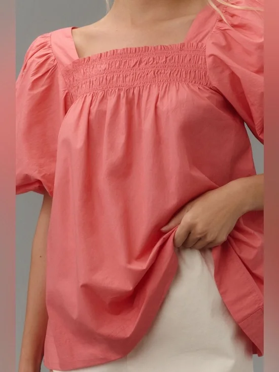 Anthropologie Maeve Coral Pink Puff-Sleeve Smocked Blouse Size Medium - Picture 8 of 8